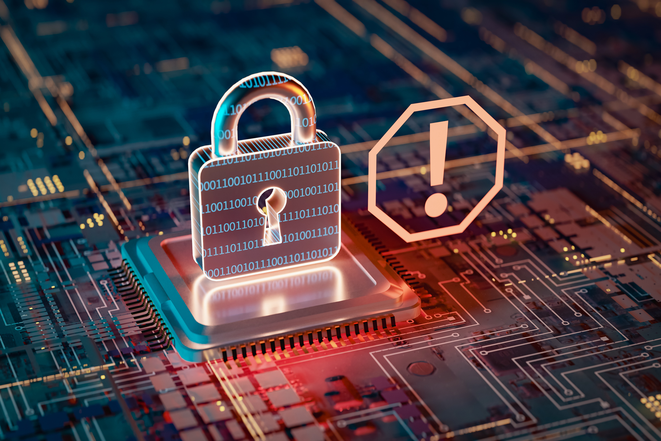 A hologram of a digital lock and a digital stop sign above a circuit board